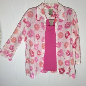 Sigrid Olson Floral Top with Pink Tank Top White Swiss Dot, Pink & Orange